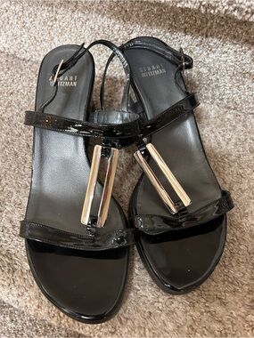 Stuart Weitzman Black Patent Leather Wedge Sandals. Silver T Strap Made in Spain